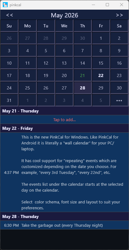 PinkCal for Windows — month calendar and events list